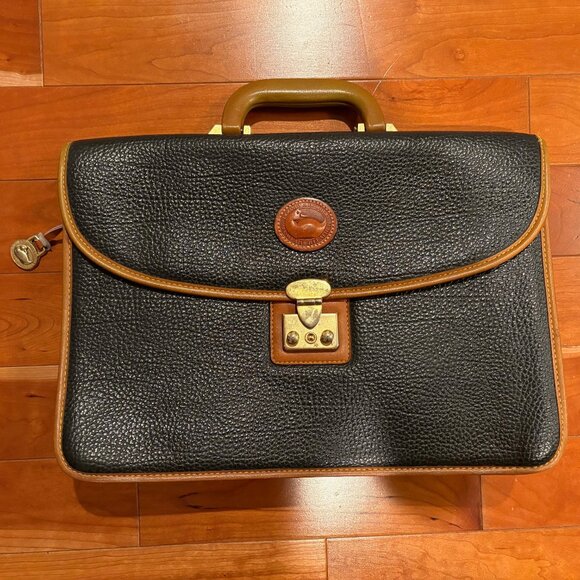Vintage Dooney & Bourke Leather Briefcase Bag Black Brown 15.5" - Picture 1 of 12